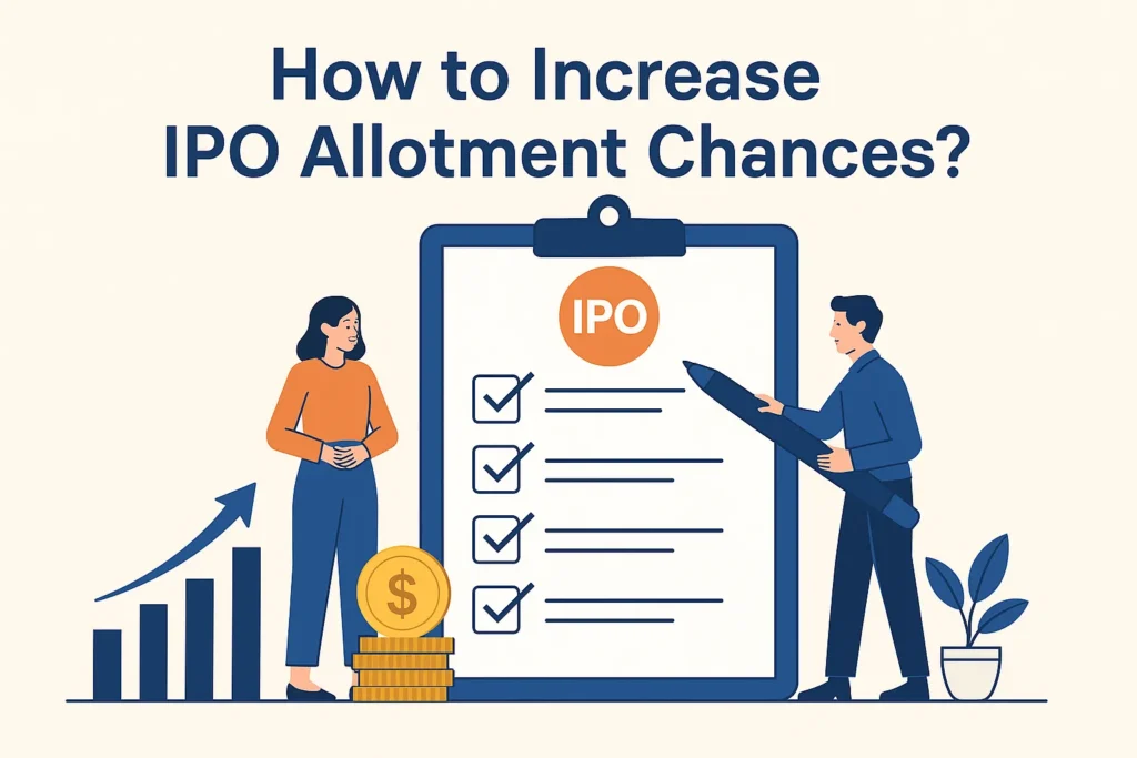 Illustration of a man and woman reviewing an IPO checklist with financial icons like a bar graph and coins, titled “How to Increase IPO Allotment Chances?”