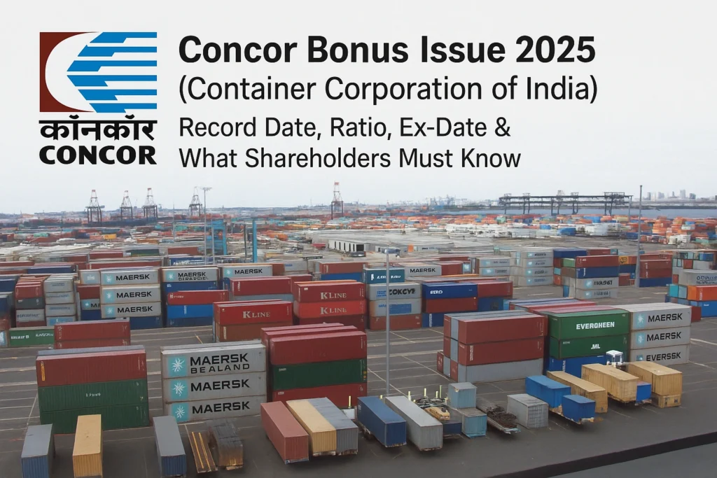 Concor Bonus Issue 2025 (Container Corporation of India) post image showing Concor and UpcomingIPO logos with a container yard in the background.