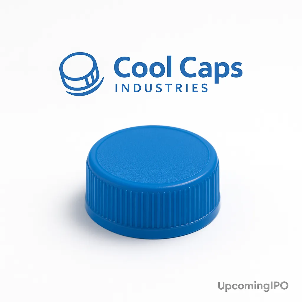 Cool Caps Industries blue bottle cap product image with official logo above and UpcomingIPO logo in the bottom-right corner on a clean white background.
